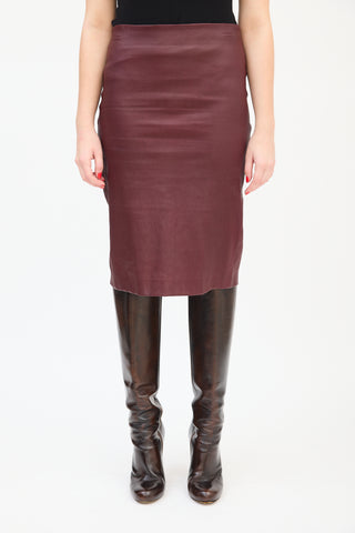 Theory Burgundy Leather Midi Pencil Skirt