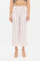 Theory Cream & Burgundy Linen Nadeema Stripe Pant
