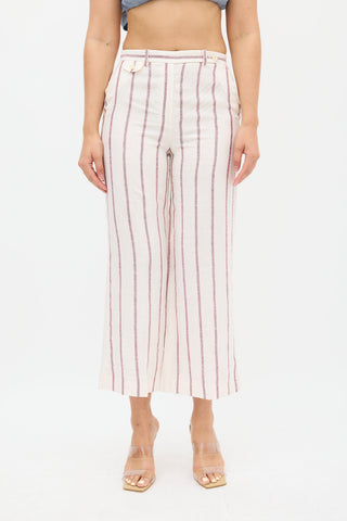 Theory Cream & Burgundy Linen Nadeema Stripe Pant