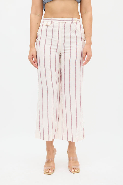 Theory Cream & Burgundy Linen Nadeema Stripe Pant