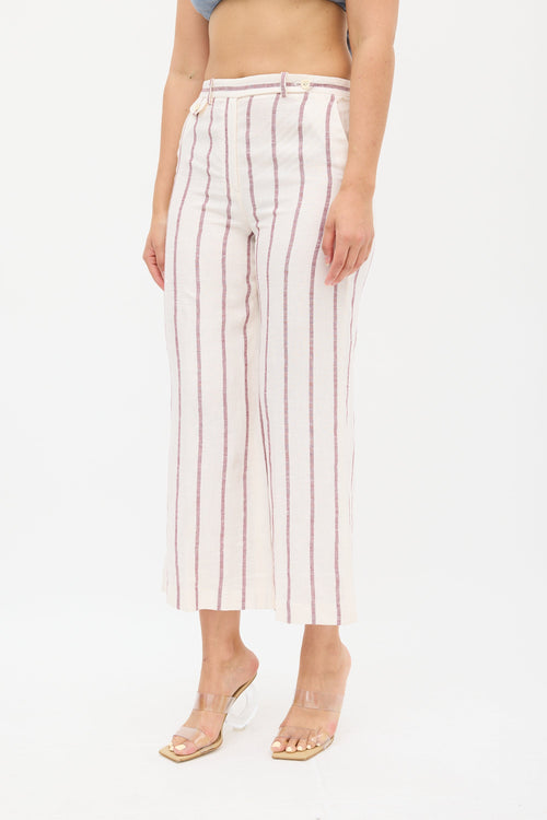Theory Cream & Burgundy Linen Nadeema Stripe Pant