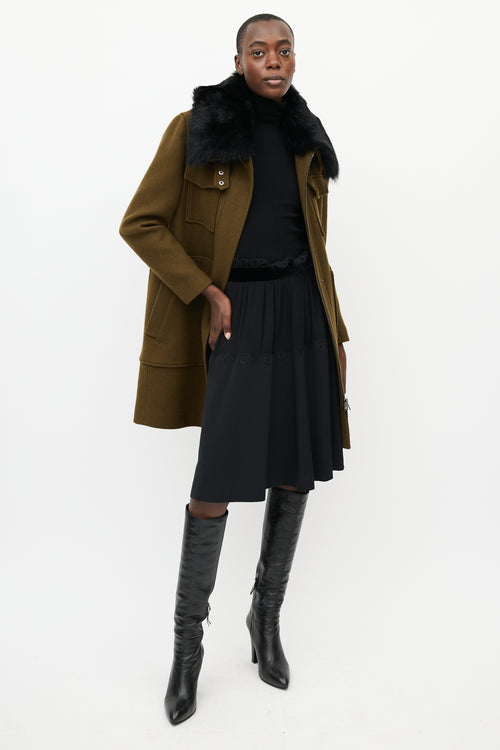Theory Khaki Green & Black Fur Collar Coat