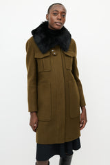 Theory Khaki Green & Black Fur Collar Coat