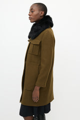 Theory Khaki Green & Black Fur Collar Coat