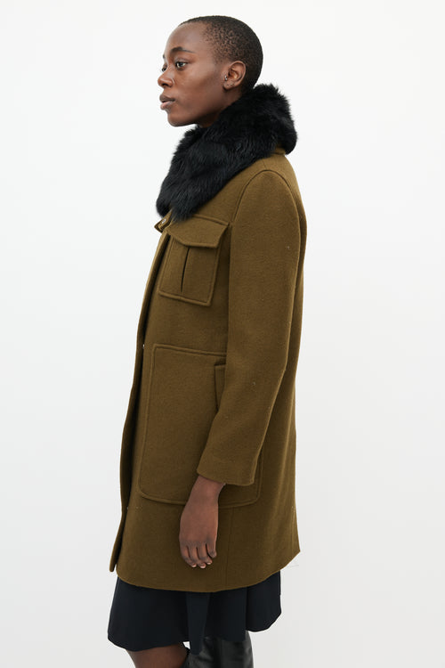 Theory Khaki Green & Black Fur Collar Coat