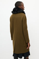 Theory Khaki Green & Black Fur Collar Coat