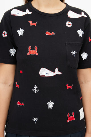 Thom Browne Black & Multicolour Embroidered T-Shirt