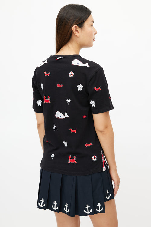 Thom Browne Black & Multicolour Embroidered T-Shirt