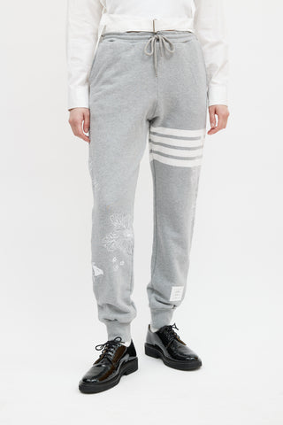 Thom Browne Grey & White Floral Embroidered Jogger