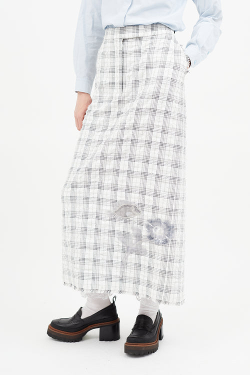 Thom Browne Grey & White Plaid & Floral Midi Skirt