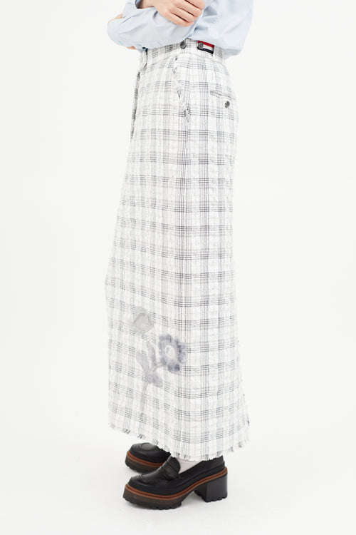Thom Browne Grey & White Plaid & Floral Midi Skirt