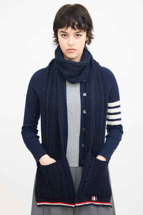 Thom Browne Navy Cable Knit Pocket Scarf