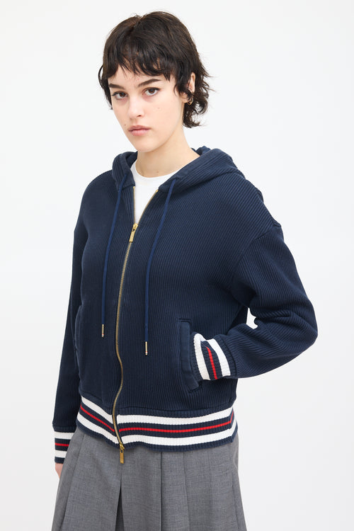 Thom Browne Navy Cotton Ribbed Knit Hoodie