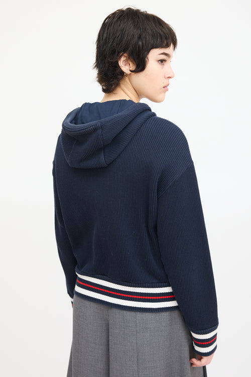 Thom Browne Navy Cotton Ribbed Knit Hoodie