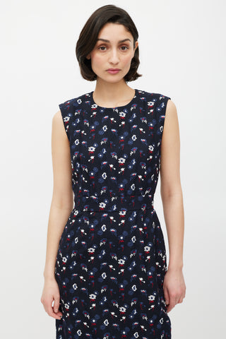 Thom Browne Navy & Multicolour Floral Embroidered Sheath Dress