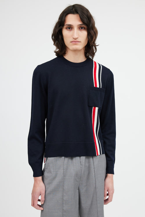 Thom Browne Navy Wool Stripe Pocket Sweater