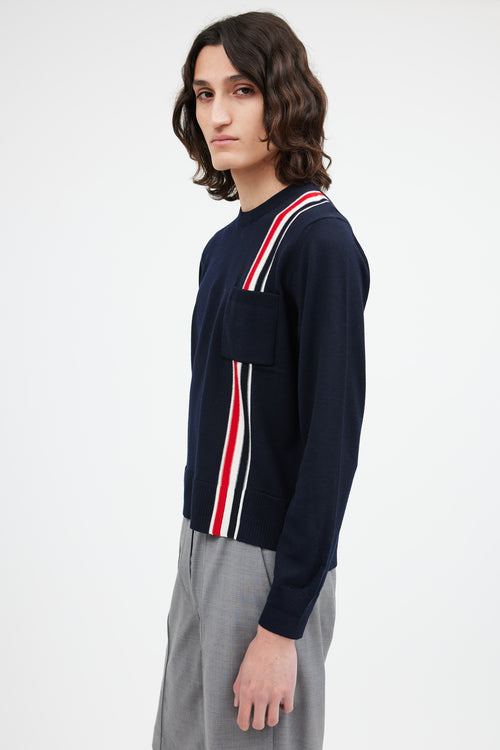 Thom Browne Navy Wool Stripe Pocket Sweater