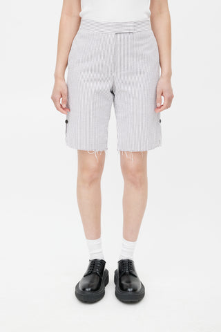 Thom Browne White & Grey Stripe Raw Hem Shorts