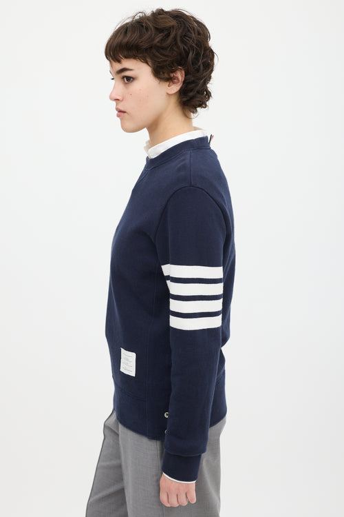 Thom Browne Navy Cotton Buttoned Hem Four Bar Crewneck