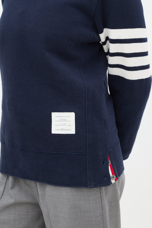 Thom Browne Navy Cotton Buttoned Hem Four Bar Crewneck