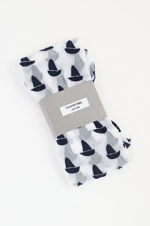 Thom Browne White & Navy Sailboat Icon Intarsia Tights