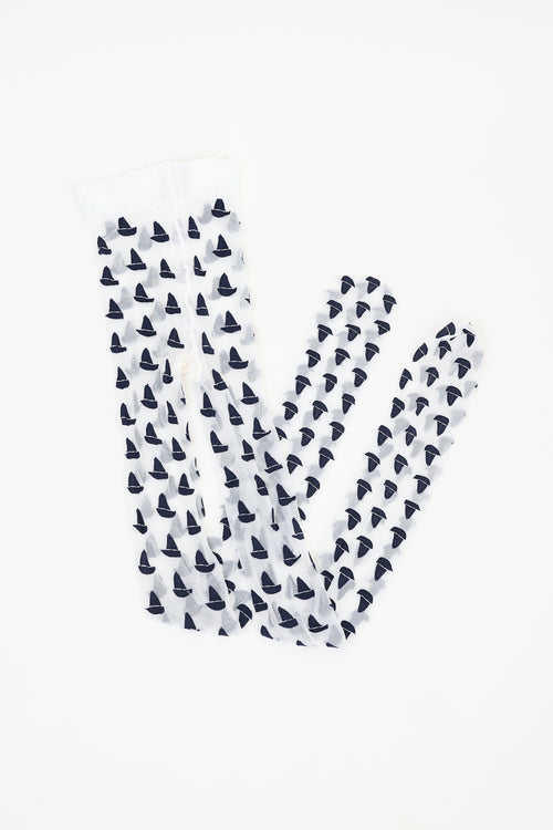 Thom Browne White & Navy Sailboat Icon Intarsia Tights