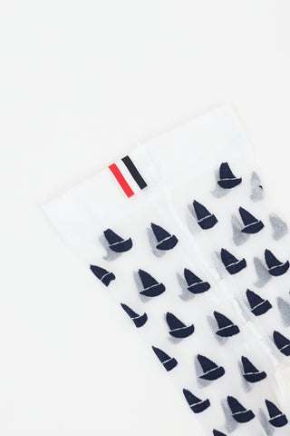 Thom Browne White & Navy Sailboat Icon Intarsia Tights