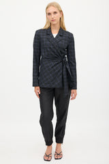 Tibi Black & Blue Wool Plaid Gathered Blazer