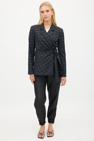 Tibi Black & Blue Wool Plaid Gathered Blazer