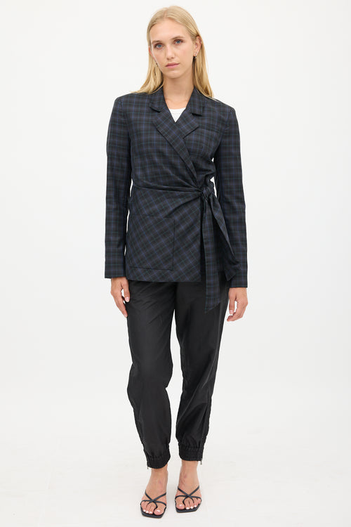 Tibi Black & Blue Wool Plaid Gathered Blazer