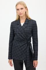 Tibi Black & Blue Wool Plaid Gathered Blazer