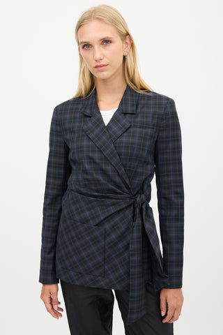 Tibi Black & Blue Wool Plaid Gathered Blazer