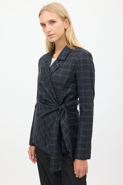 Tibi Black & Blue Wool Plaid Gathered Blazer