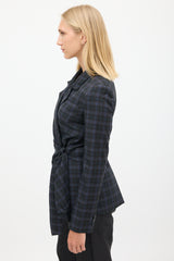 Tibi Black & Blue Wool Plaid Gathered Blazer