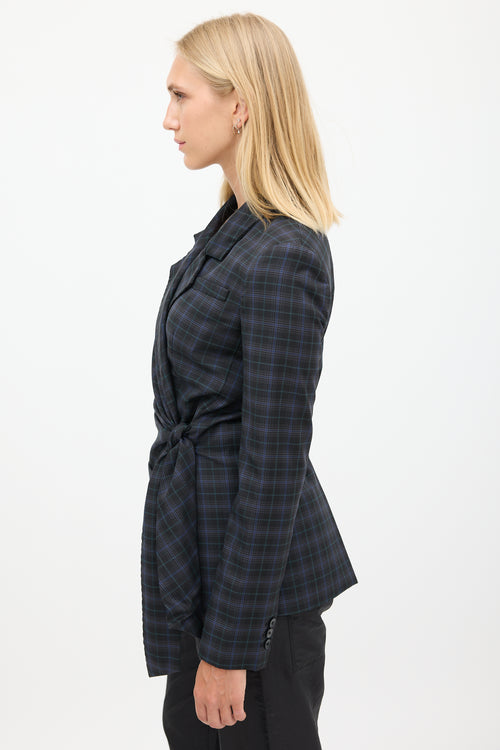 Tibi Black & Blue Wool Plaid Gathered Blazer