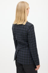 Tibi Black & Blue Wool Plaid Gathered Blazer