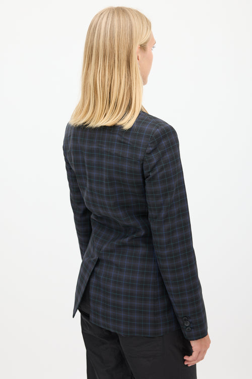 Tibi Black & Blue Wool Plaid Gathered Blazer
