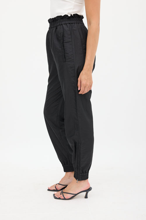 Tibi Black Nylon Ruffled Tapered Jogger