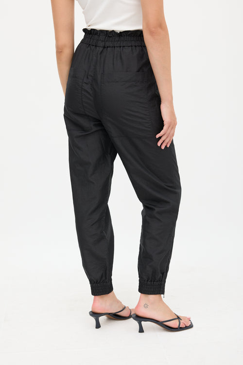 Tibi Black Nylon Ruffled Tapered Jogger