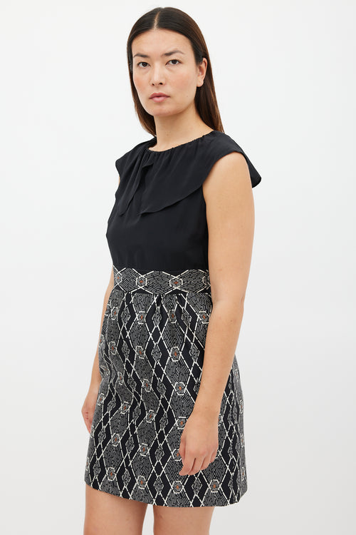 Tibi Black & White Geometric Printed Sheath Dress