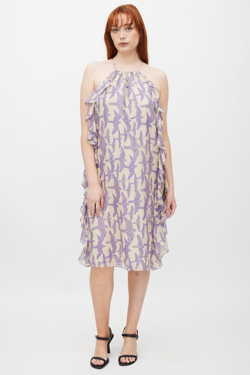 Tibi Cream & Purple Silk Ruffled Dress