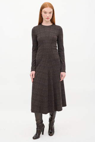 Tibi Dark Brown & Black Cotton Printed Flare Midi Dress