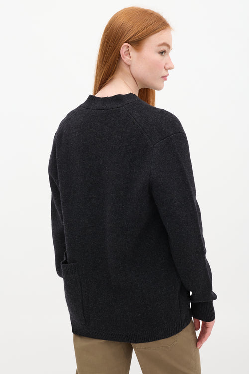 Tibi Dark Grey Wool Raw V-Neck Cardigan