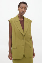 Tibi Green Tropical Wool Liam Long Vest