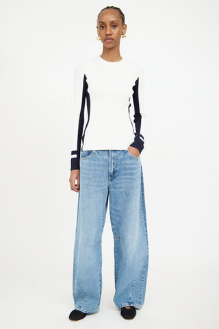 Tibi White & Navy Ribbed Longsleeve Top