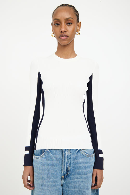 Tibi White & Navy Ribbed Longsleeve Top