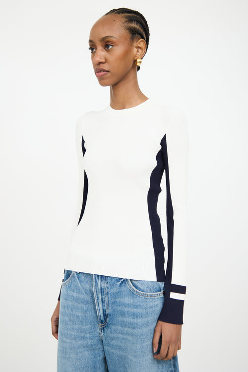 Tibi White & Navy Ribbed Longsleeve Top