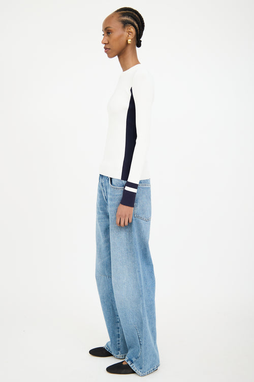 Tibi White & Navy Ribbed Longsleeve Top