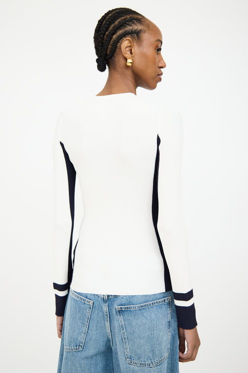 Tibi White & Navy Ribbed Longsleeve Top