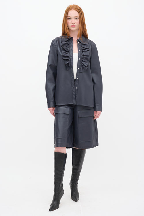 Tibi Navy Faux Leather Ruffle Shirt & Shorts Set